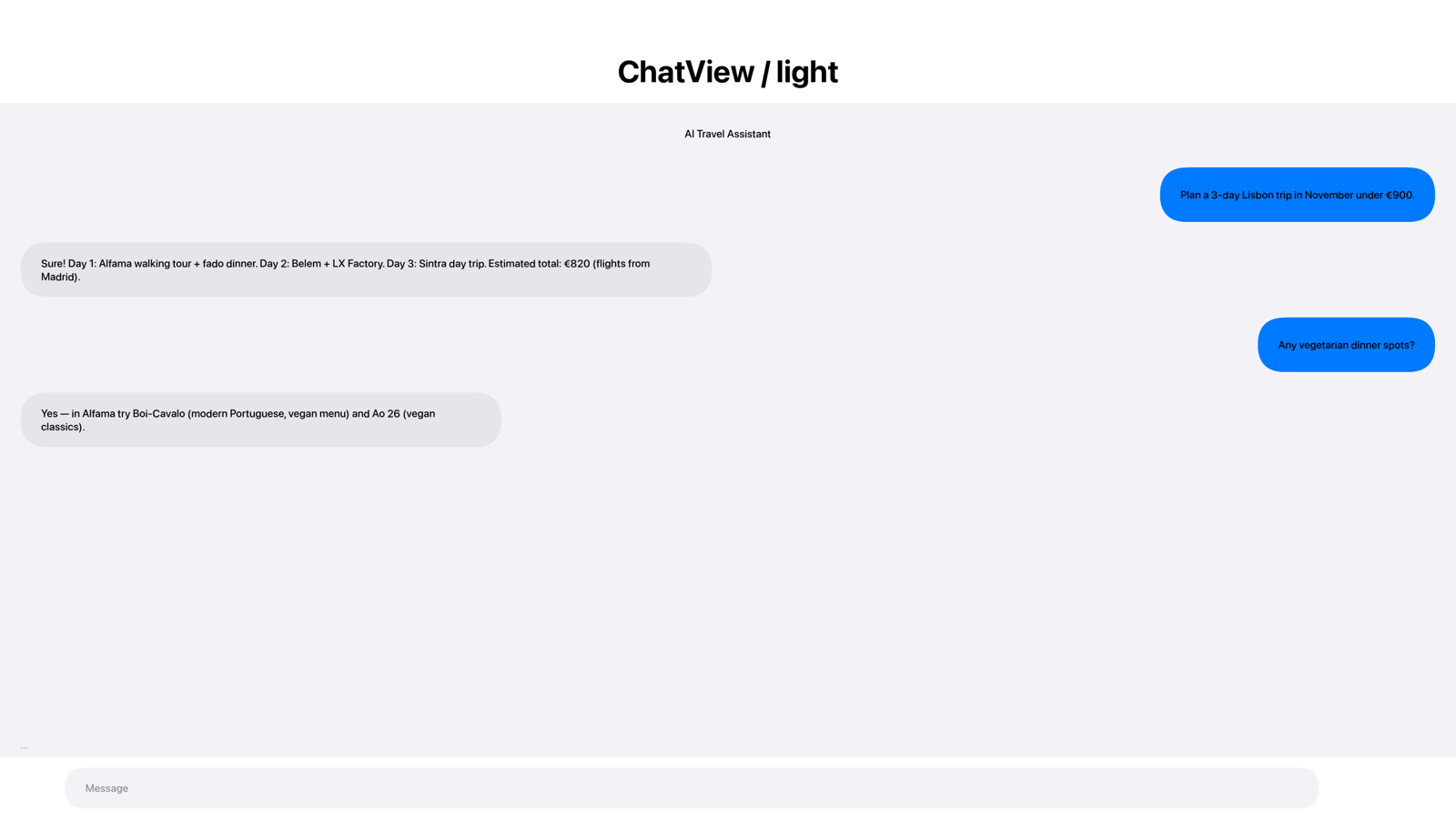 A Codename One ChatView screen rendering on the Apple TV simulator at 4K, drawn by the framework’s Metal renderer