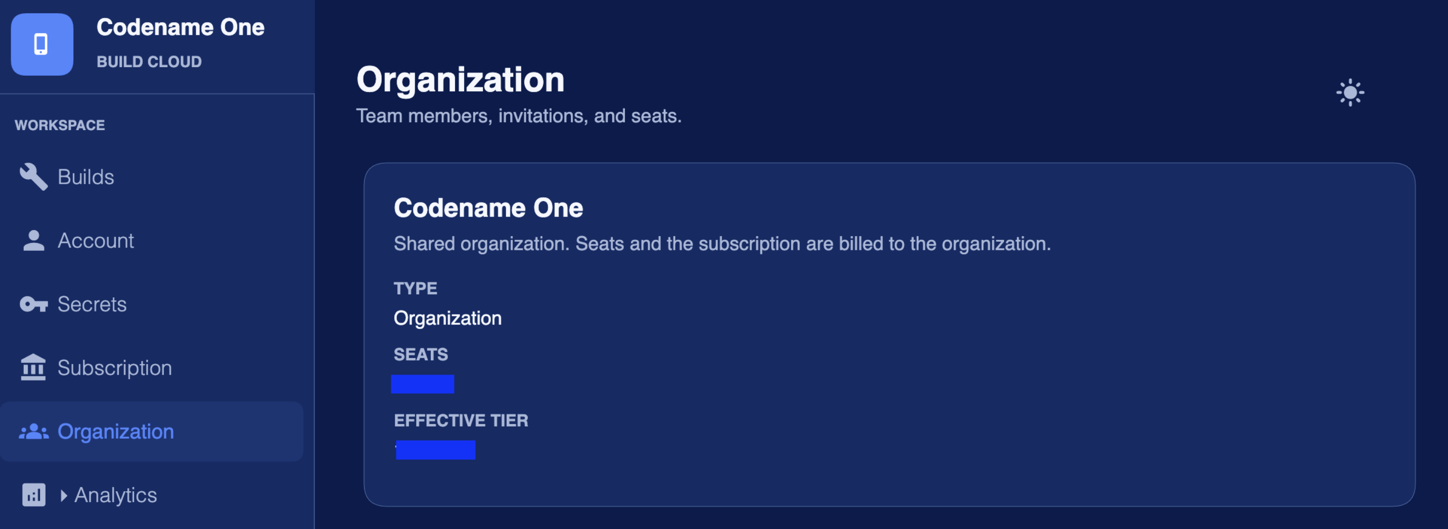 Organization settings in the build console