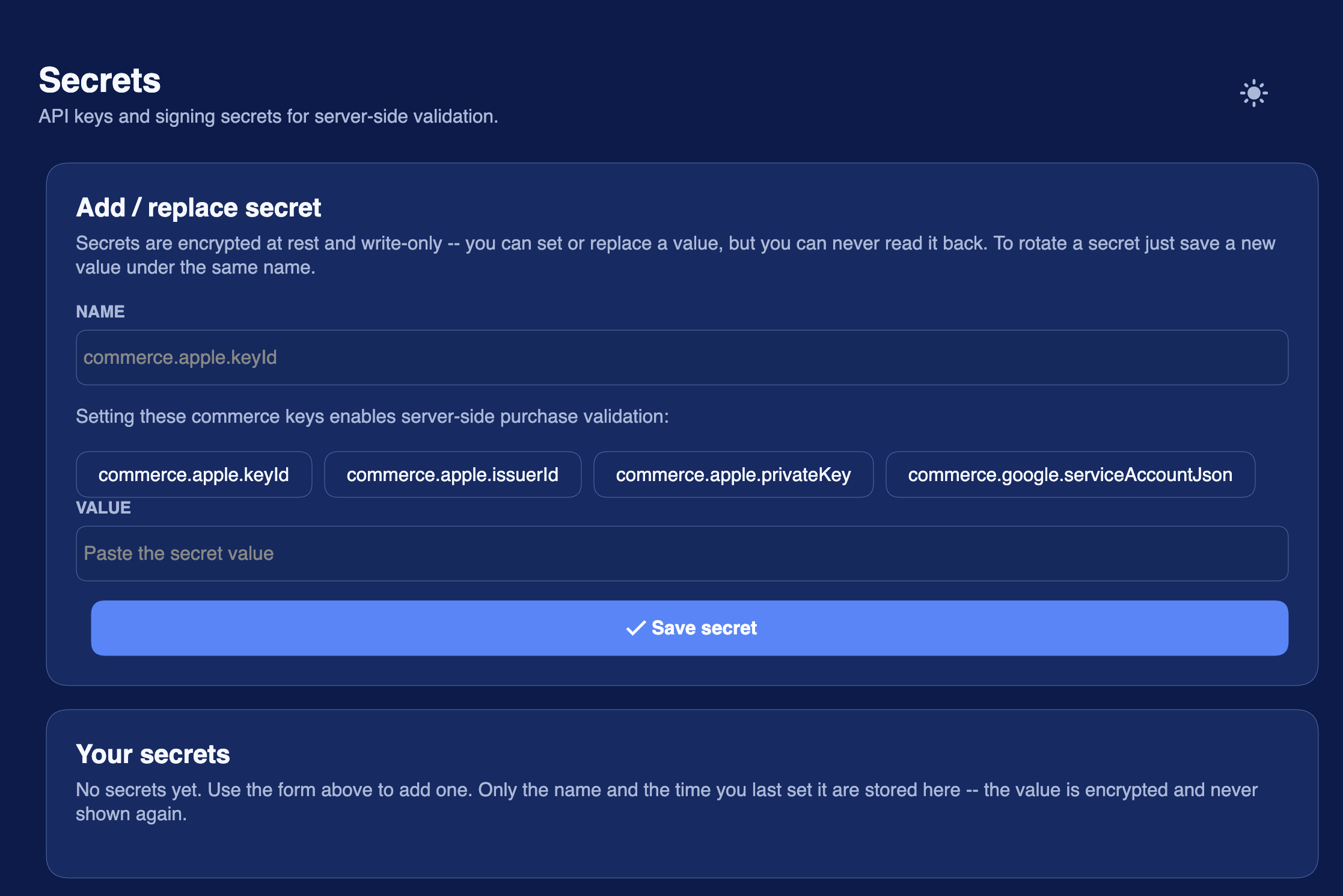 Secrets dashboard for cloud-managed app secrets