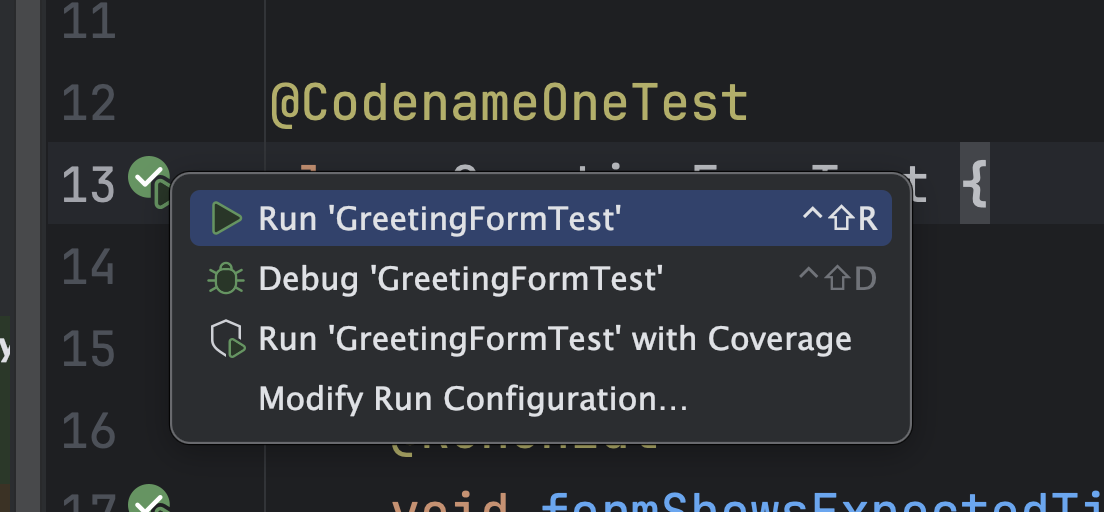 IntelliJ gutter run menu showing Run, Debug, Run with Coverage for GreetingFormTest