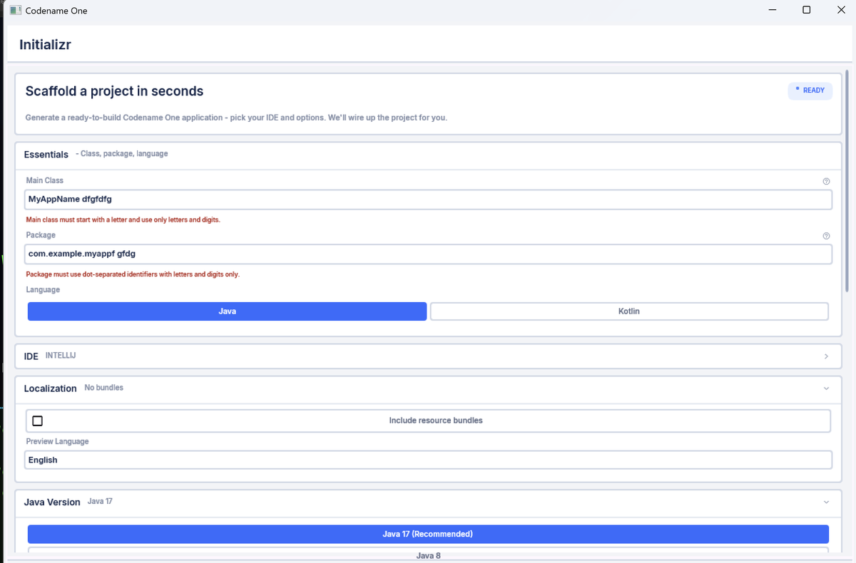 The Initializr running as a native Windows executable