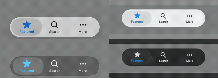 Native and Codename One iOS 26 tab lens animations in light and dark appearance