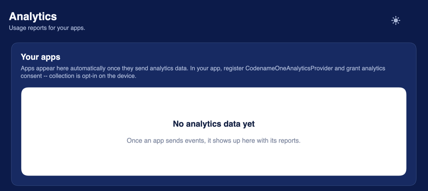 The analytics console empty state, explaining that an app appears once it registers CodenameOneAnalyticsProvider and the user grants opt-in analytics consent on the device
