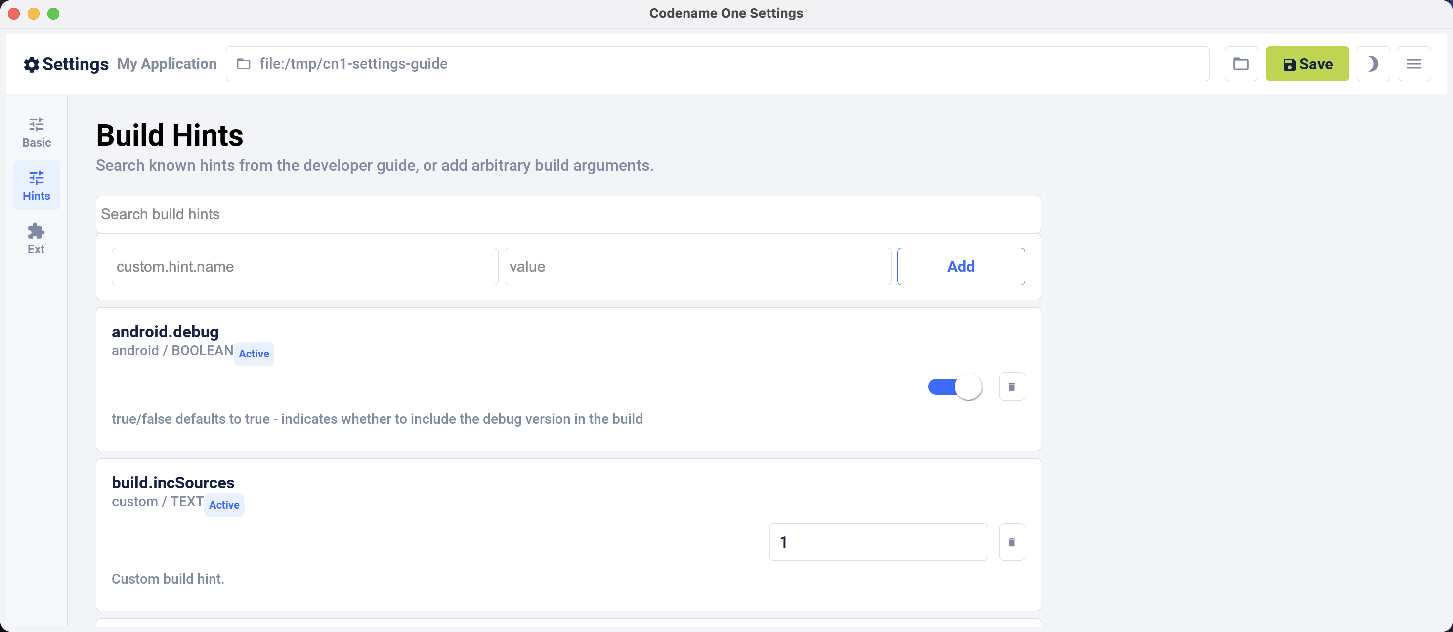 Build hints in the standalone Codename One Settings tool