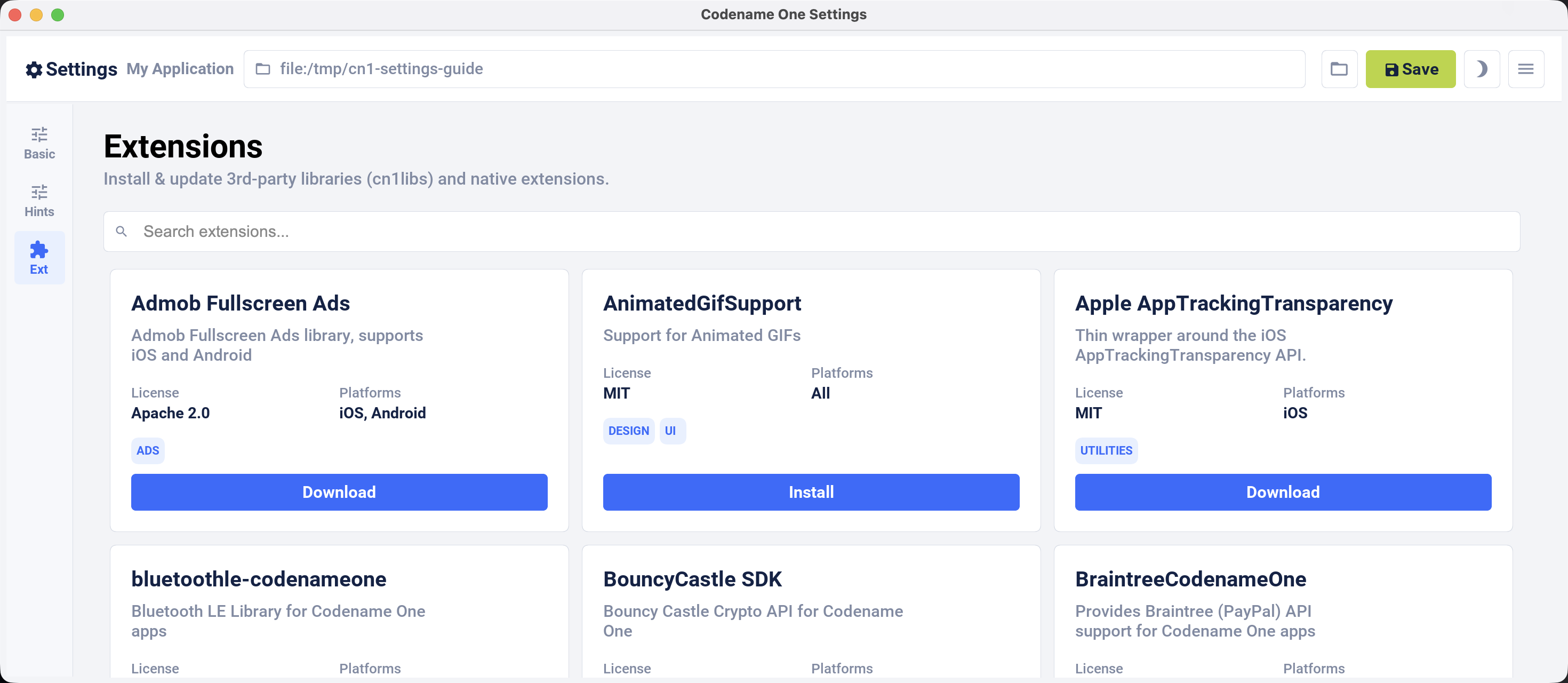 The Extensions catalog in the standalone Codename One Settings tool