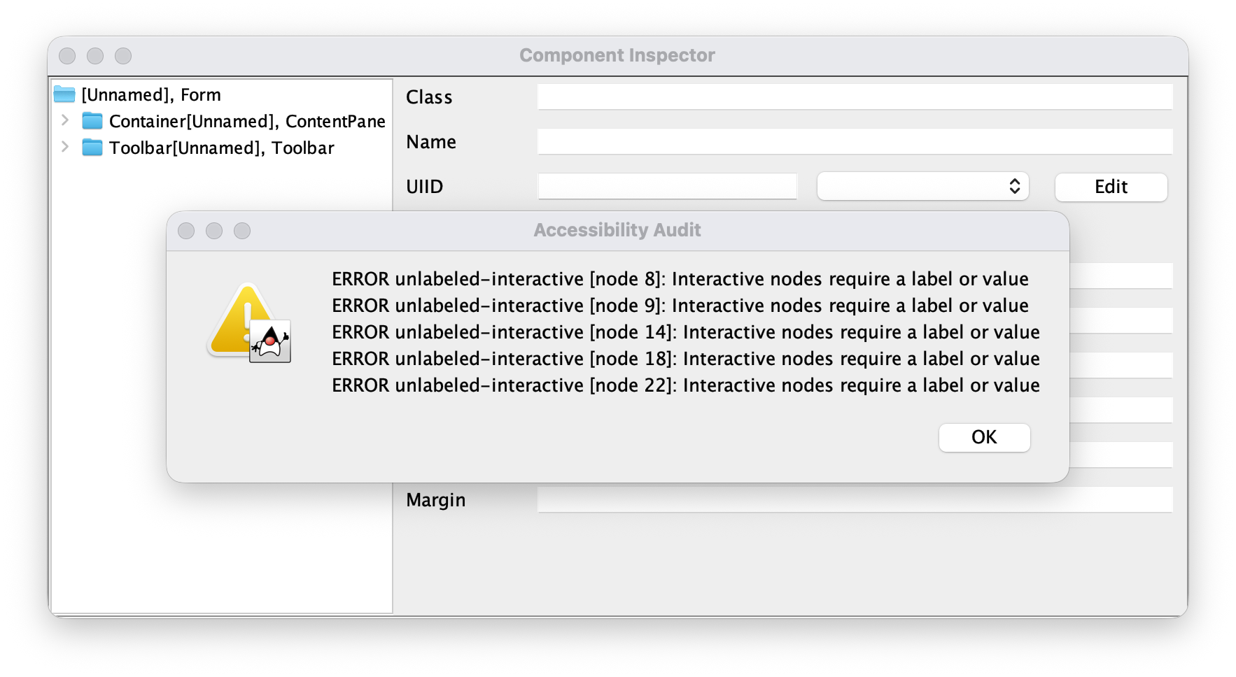 Component Inspector showing an accessibility audit