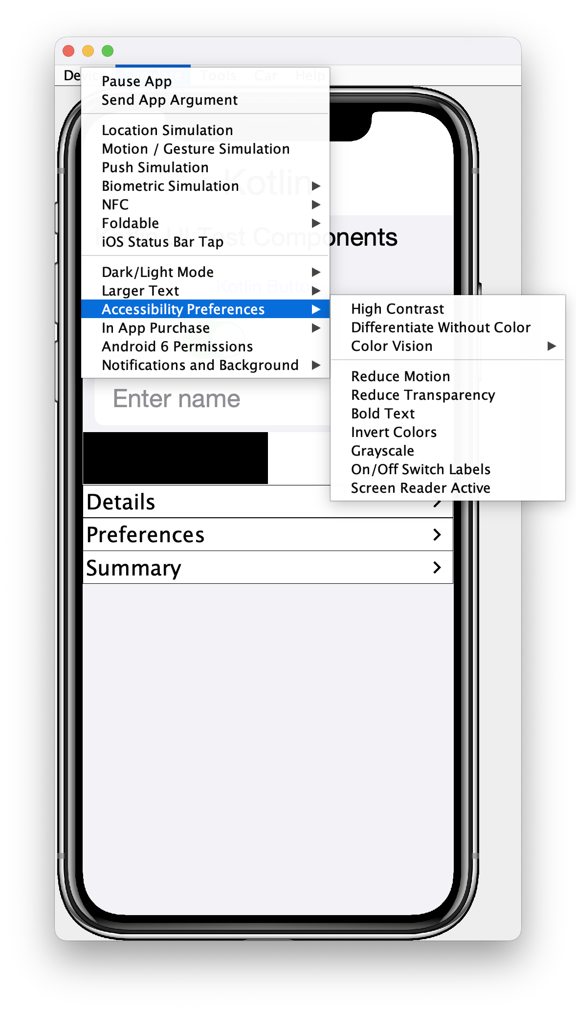 Java SE simulator with the Accessibility Preferences menu open