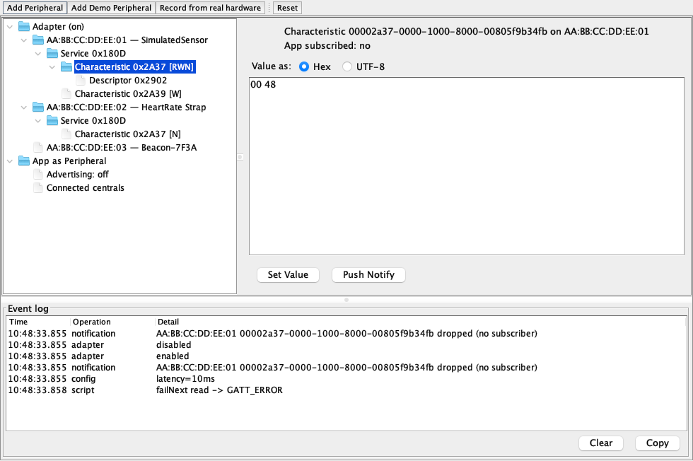 The Bluetooth Simulation window with the device tree and a characteristic editor