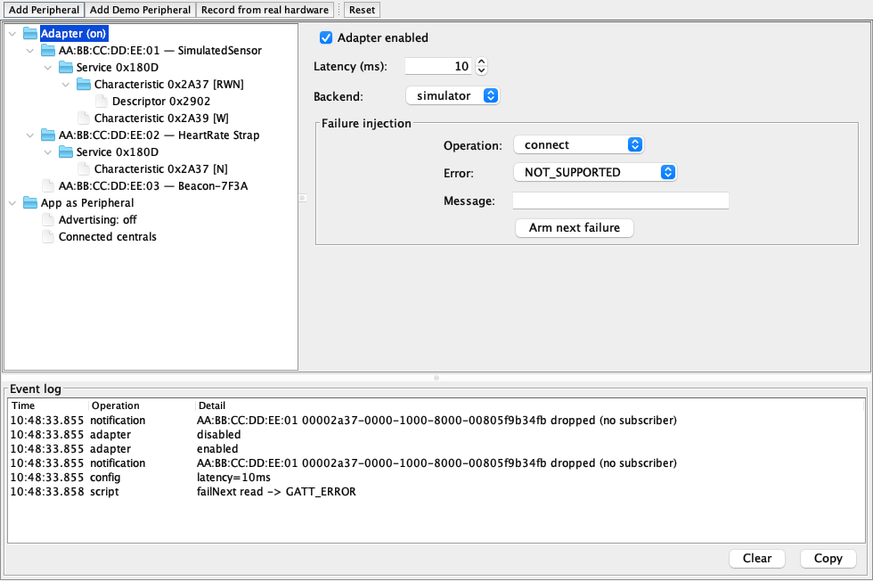 The Bluetooth Simulation event log while a scan and connect run