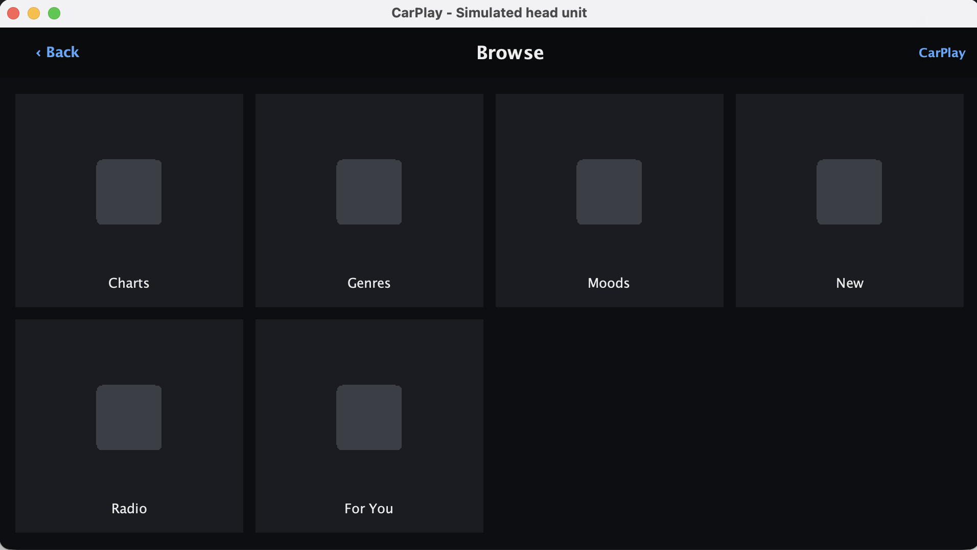 Simulated CarPlay head unit rendering a CarGridTemplate