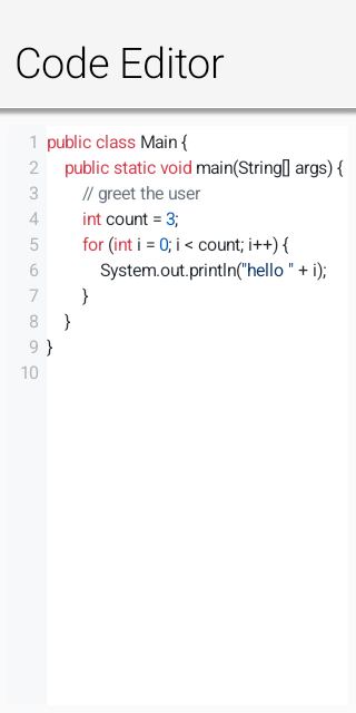 CodeEditor showing highlighted Java source