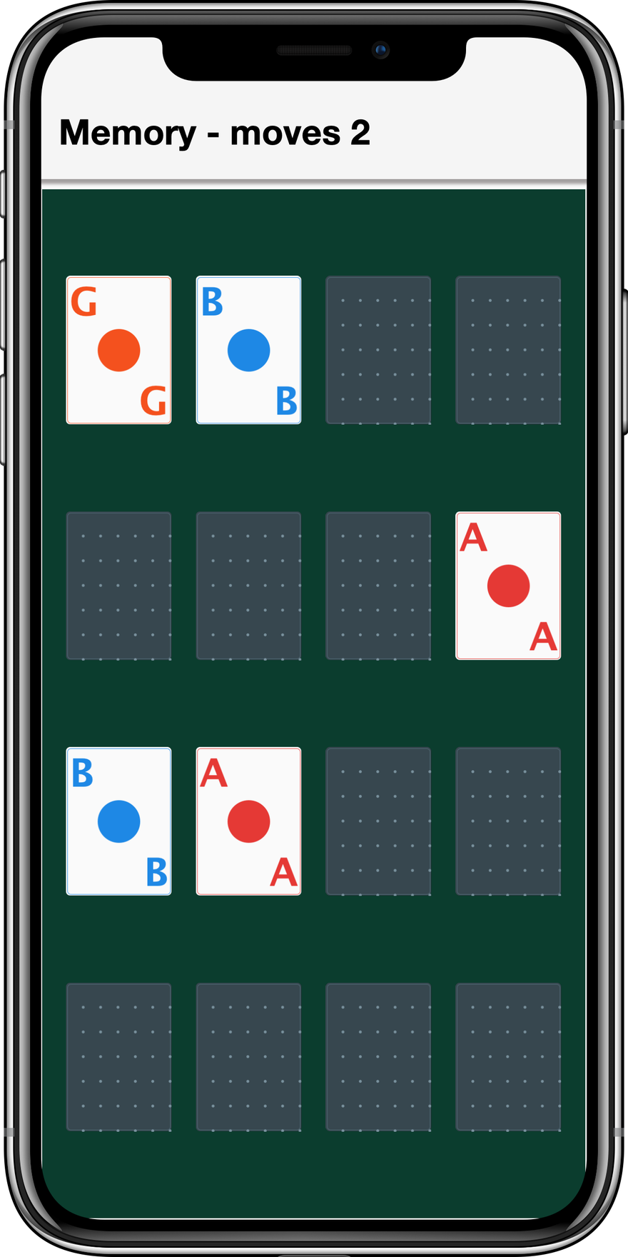 The Memory card game mid-flip: two matched pairs and one card face up