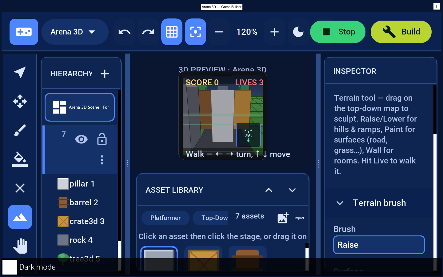 The 3D live preview — perspective camera over the board