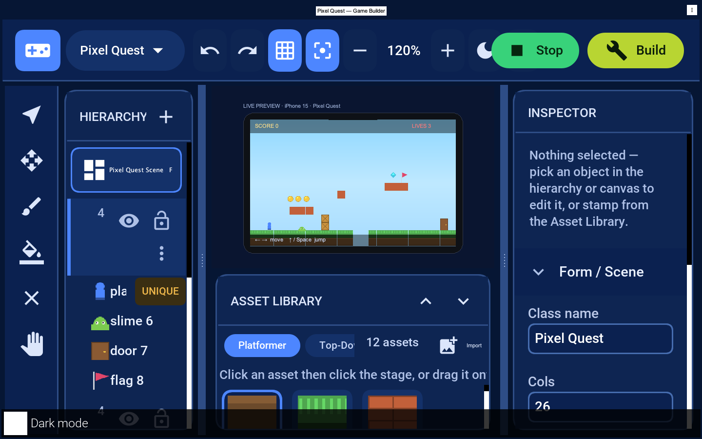 Live preview — playing the level in a device frame