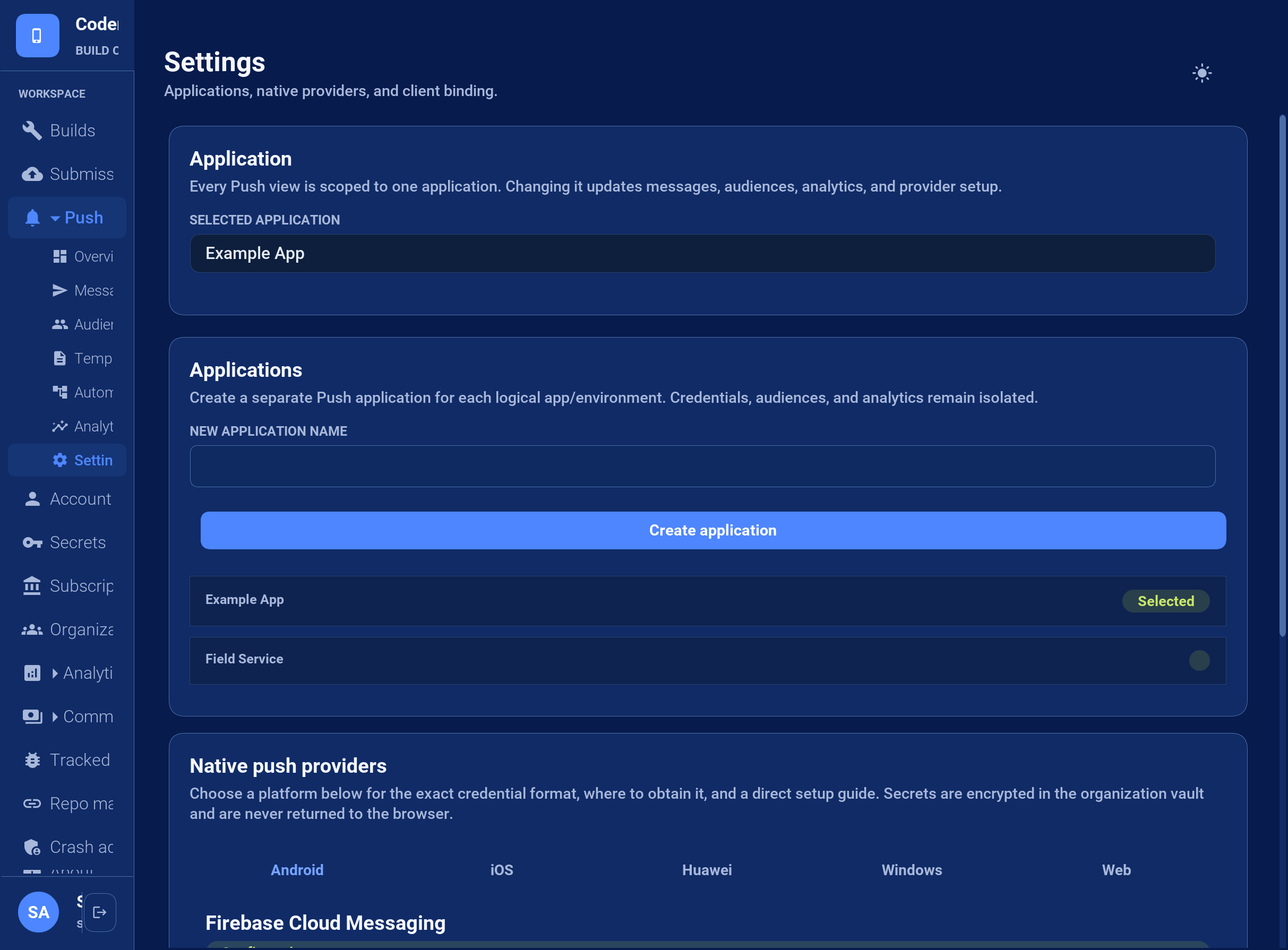 Push Settings with platform tabs and credential onboarding