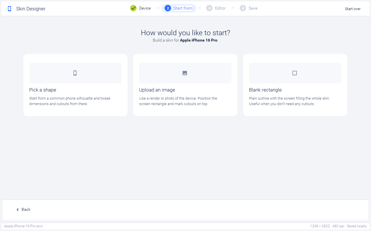 Source picker with three large cards: Pick a shape