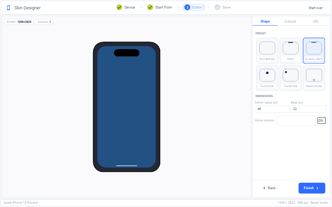 Editor with the Dynamic Island preset selected and live preview on the left