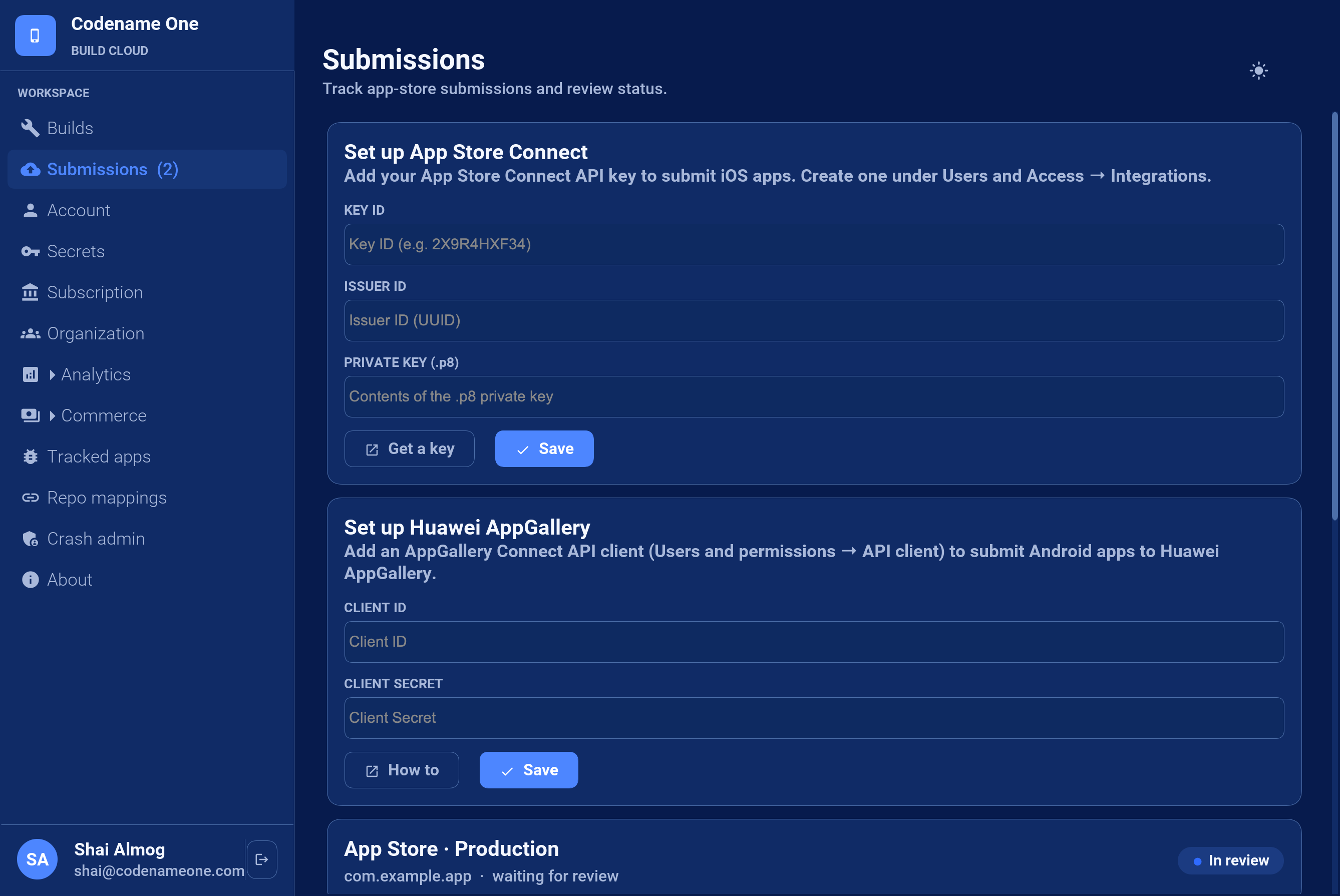 Build console Submissions page showing the App Store Connect and Huawei AppGallery credential cards