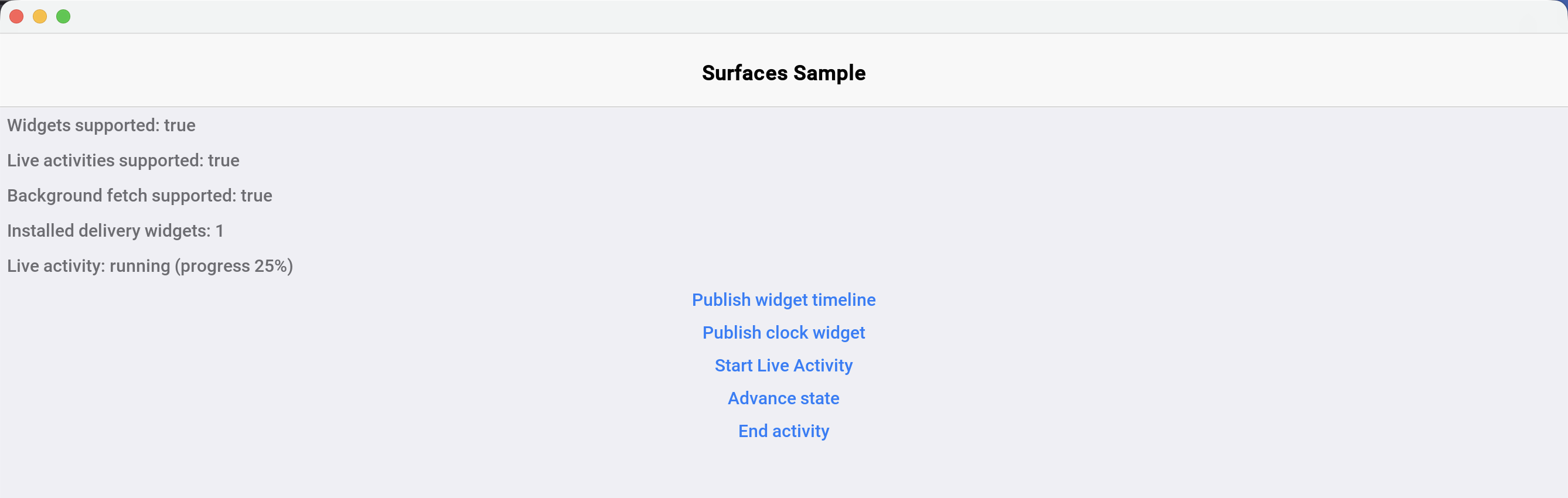 The SurfacesSample main form with publish and live activity controls