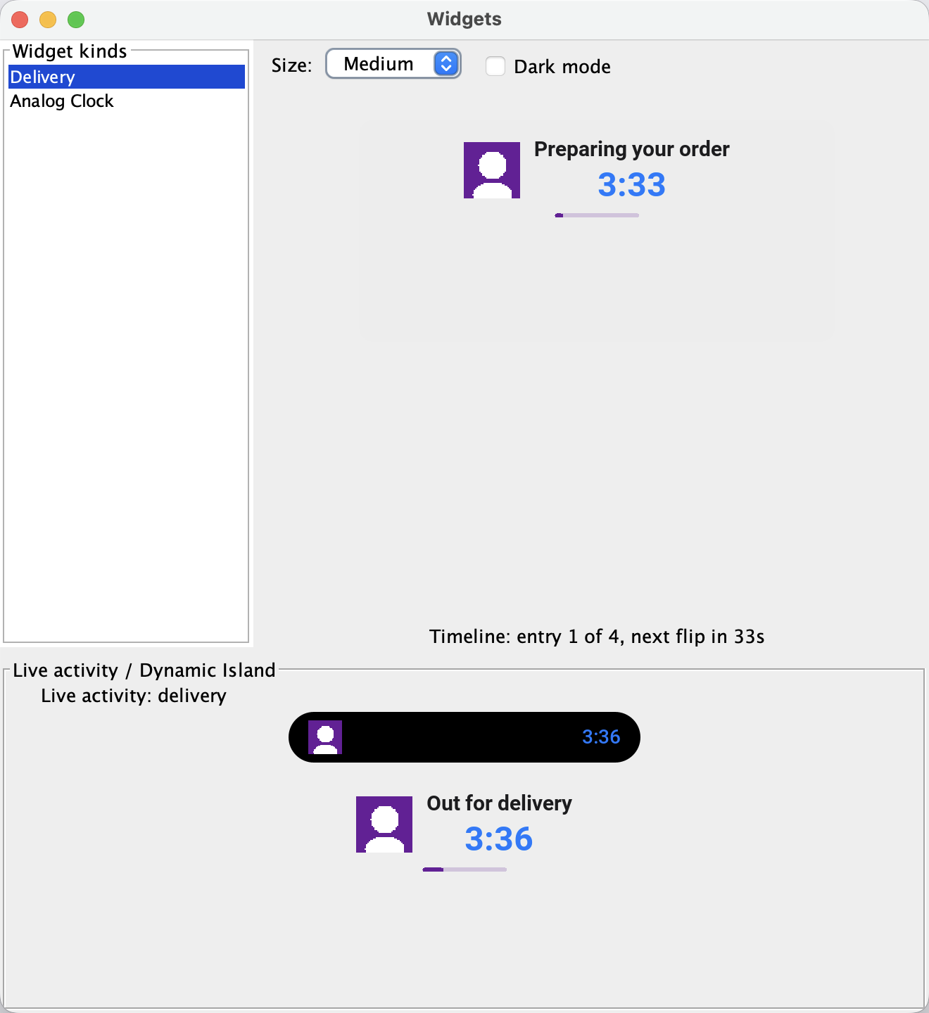 The simulator Widgets preview rendering the delivery widget with a native countdown and progress bar above the mock Dynamic Island